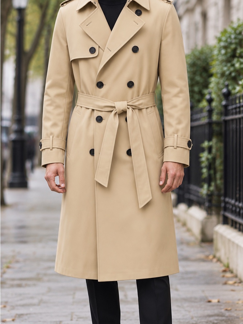 Classic Beige Trench Coat - Men's Double-Breasted Coat